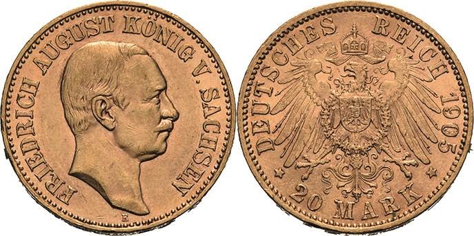 Sachsen
Friedrich August III. 1904-1918 20 Mark 1905 E Jaeger 268 Randfehler, s...