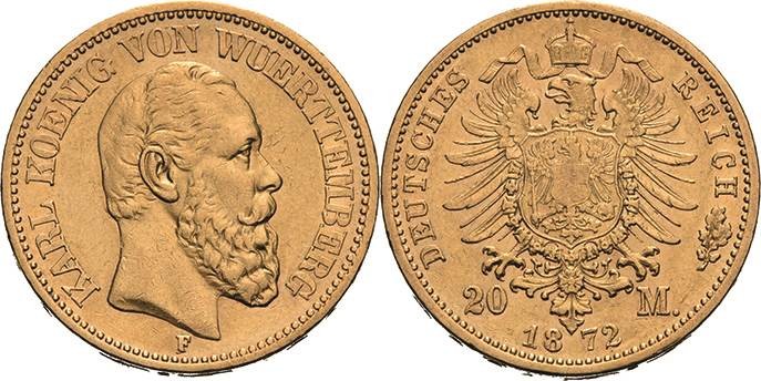 Württemberg
Karl 1864-1891 20 Mark 1872 F Jaeger 290 Sehr schön-vorzüglich