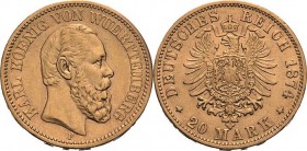 Württemberg
Karl 1864-1891 20 Mark 1874 F Jaeger 293 Sehr schön+