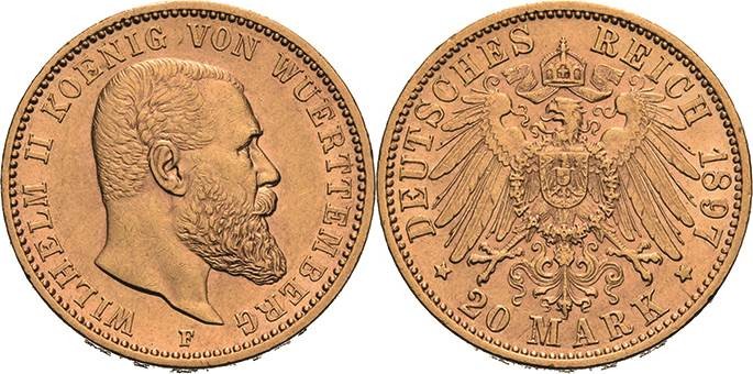 Württemberg
Wilhelm II. 1891-1918 20 Mark 1897 F Jaeger 296 Kl. Kratzer, fastvo...