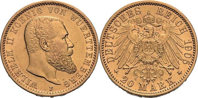 Württemberg
Wilhelm II. 1891-1918 20 Mark 1905 F Jaeger 296 Vorzüglich-Stempelg...