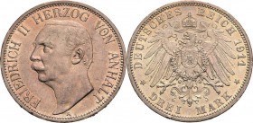 Anhalt
Friedrich II. 1904-1918 3 Mark 1911 A Jaeger 23 Kl. Randfehler, sehr schön-vorzüglich