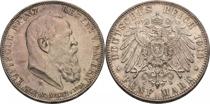 Bayern
Luitpold 1886-1912 5 Mark 1911 D 90. Geburtstag Jaeger 50 Leicht beriebe...