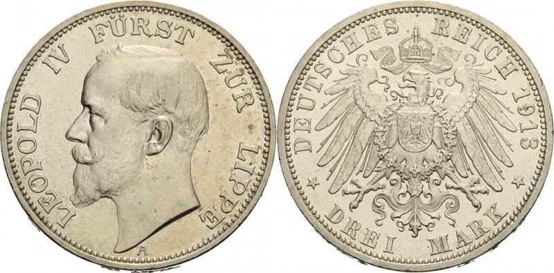 Lippe
Leopold IV. 1904-1918 3 Mark 1913 A Jaeger 79 Kl. Randfehler, Avers kl. K...