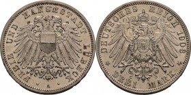 Lübeck
 3 Mark 1908 A Jaeger 82 Kl. Kratzer, vorzüglich-Stempelglanz/vorzüglich