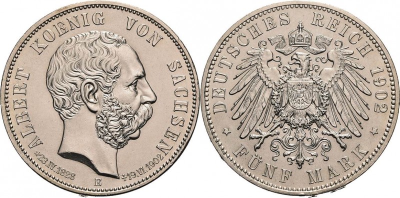 Sachsen
Albert 1873-1902 5 Mark 1902 E Auf seinen Tod Jaeger 128 Kl. Randfehler...