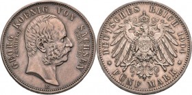 Sachsen
Georg 1902-1904 5 Mark 1904 E Auf seinen Tod Jaeger 133 Kl. Randfehler, vorzüglich