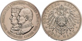 Sachsen
Friedrich August III. 1904-1918 5 Mark 1909 (E) Universität Leipzig Jaeger 139 Leicht berieben, vorzüglich