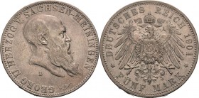 Sachsen-Meiningen
Georg II. 1866-1914 5 Mark 1901 D 75. Geburtstag Jaeger 150 Sehr schön
