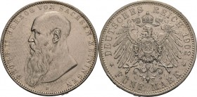 Sachsen-Meiningen
Georg II. 1866-1914 5 Mark 1902 D Kurzer Bart Jaeger 153 b Kl. Randfehler, sehr schön-vorzüglich
