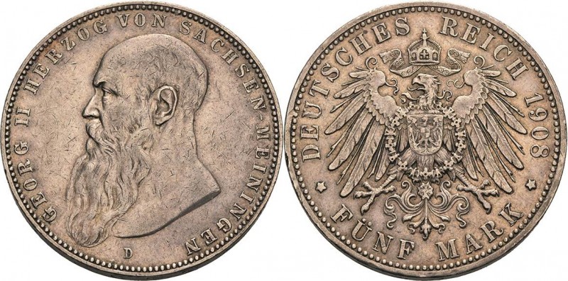 Sachsen-Meiningen
Georg II. 1866-1914 5 Mark 1908 D Kurzer Bart Jaeger 153 b Fa...