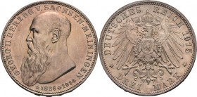 Sachsen-Meiningen
Georg II. 1866-1914 3 Mark 1915 (D) Auf seinen Tod Jaeger 155 Avers leicht berieben, vorzüglich-Stempelglanz/Stempelglanz