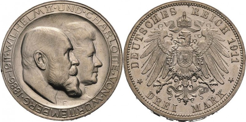 Württemberg
Wilhelm II. 1891-1918 3 Mark 1911 F Silberhochzeit - Hoher Querstri...