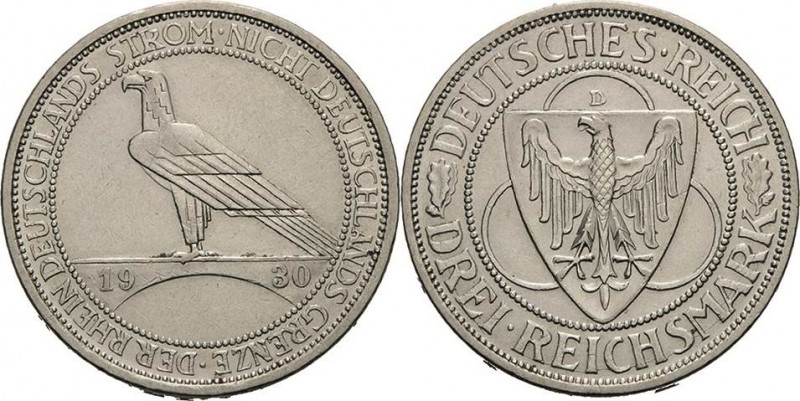 Gedenkausgaben
 3 Reichsmark 1930 D Rheinlandräumung Jaeger 345 Sehr schön-vorz...