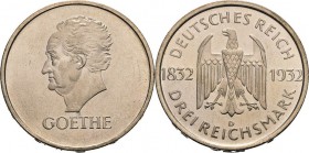 Gedenkausgaben
 3 Reichsmark 1932 D Goethe Jaeger 350 Avers kl. Schrötlingsfehler, fast Stempelglanz