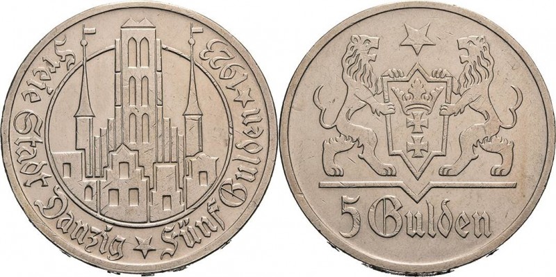 Ausgaben des Freistaates
 5 Gulden 1923. Jaeger D 9 Avers Kratzer, fast vorzügl...