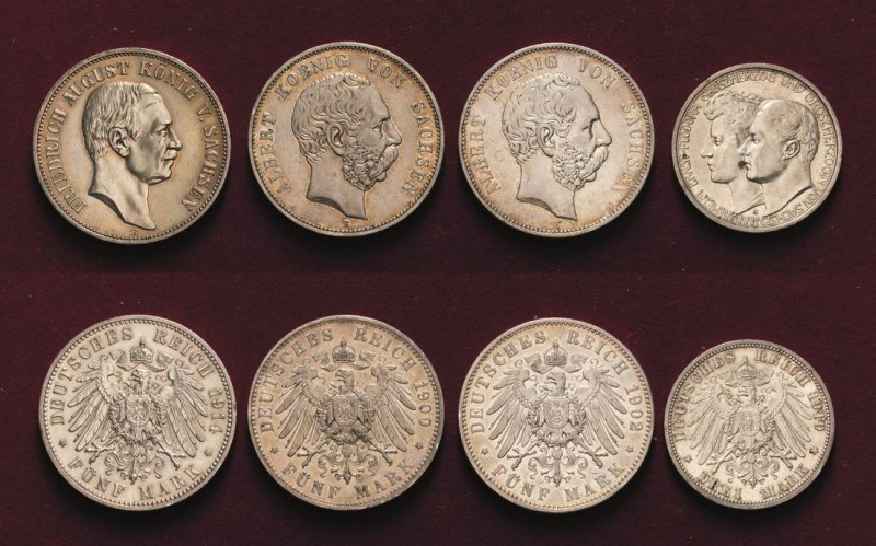 Deutsches Reich allgemein
Lot-4 Stück Sachsen - 5 Mark 1900, 1902, 1914. Sachse...