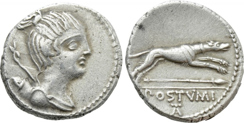 C. POSTUMIUS. Denarius (73 BC). Rome. 

Obv: Draped bust of Diana right, with ...