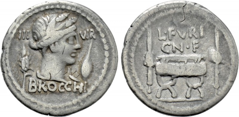 L. FURIUS CN.F. BROCCHUS. Denarius (63 BC). Rome. 

Obv: III - VIR / BROCCHI. ...