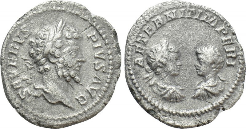 SEPTIMIUS SEVERUS with CARACALLA and GETA (193-211). Denarius. Rome.

Obv: SEV...