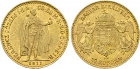 HUNGARY. Franz Joseph I (1848-1916). GOLD 10 Corona (1911 KB). Kremnitz.