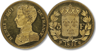 Lot 374. Henri V prétendant 1820-1883. Essai Piéfort en or du 5 francs, Paris, 1832.