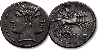Lot 69. Anonymous circa 225-214 BC. Rome. Didrachm - Quadrigatus AR.