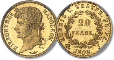 Lot 500. ALLEMAGNE Westphalie, Jérôme Napoléon (1807-1813). 20 frank, Flan bruni 1808, J, Paris.