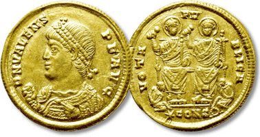 Lot 923. VALENS (364-378). GOLD Solidus. Constantinople.