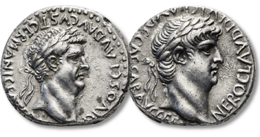 Lot 154. CAPPADOCIA. Caesarea. Nero with Divus Claudius (54-68). Didrachm.