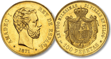Lot 341. ESPAGNE - SPAIN. Amédée Ier (1870-1873). 100 pesetas, frappe en or jaune, tranche en relief JUSTICIA Y LIBERTAD 1871, M, Madrid.