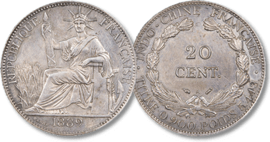 Lot 603. Indochine, 20 Cent, 1889, A, Paris, Flan bruni.