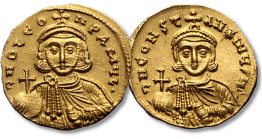 Lot 1538. Leo III the "Isaurian", with Constantine V (717-741) AV Solidus Constantinople 6th officina, ca 720.