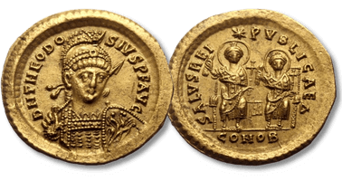 Lot 1432. Theodosius II (402-450) AV Solidus Constantinople, Δ = 4th officina, 425-429.