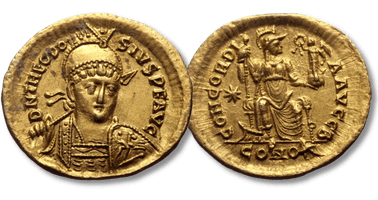 Lot 1429. Theodosius II (402-450) AR Solidus Constantinopolis, 408-420.