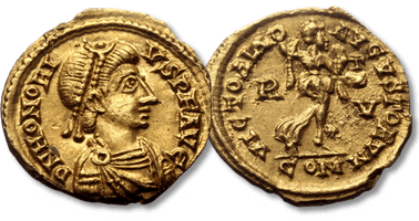Lot 1428. Honorius (393-423) AV Tremissis Ravenna, 408-421.