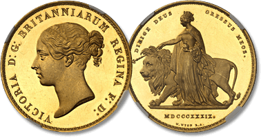 Lot 954. GRANDE-BRETAGNE. Victoria (1837-1901). 5 livres (5 pounds) “Una and the lion”, Flan bruni (PROOF) 1839, Londres.