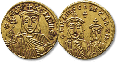 Lot 885. Theophilus (AD 829-842), with Constantine and Michael II. AV solidus. Constantinople, AD 831-840.