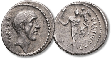 Lot 52. C. Antius C. f. Restio, 47 BC. AR, Denarius. Rome.