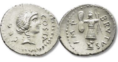 Lot 350. Q. Servilius Caepio Brutus ( Marcus Junius Brutus), late summer-autumn 42 BC. Denarius