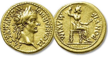 Lot 680. TIBERIUS (14-37). GOLD Aureus. "Tribute Penny" type. Lugdunum.