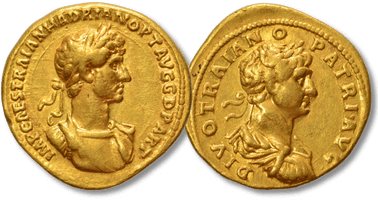 Lot 144. Hadrian, 117-138, with Divus Trajan. Aureus, Rome.