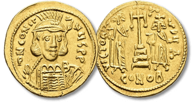 Lot 809. Constantine IV Pogonatus, Heraclius and Tiberius, AD 668-685. AV, Solidus. Constantinople.