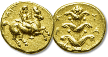Lot 368. KYRENAICA. Kyrene. Ophellas (Ptolemaic Governor, first reign, circa 322-313 BC). GOLD Hemistater - Drachm. Chairios, magistrate.