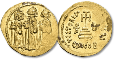 Lot 1276. Heraclius, with Heraclius Constantine and Heraclonas. 610-641. AV Solidus.