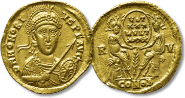 Lot 892. HONORIUS (393-423). GOLD Solidus. Ravenna.