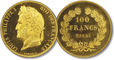 Lot 1032. Louis-Philippe I 1830-1848. Essai de 100 francs en or par Domard, ND (1831), tranche en relief.