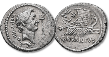 Lot 230. Sextus Pompey, 43-35 BC. AR, Denarius. Q. Nasidius, commander of the fleet. Massalia.