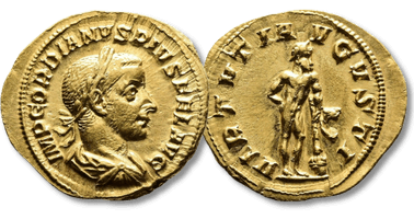 Lot 370. Gordian III. 238 – 244 AD. Gold Aureus. Rome mint, struck 241-243 AD.