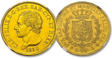 Lot 112. Italian States, Sardinia, Carlo Felize, 1821-1831. AV 80 Lire, 1830 Anchor P, Genoa mint.